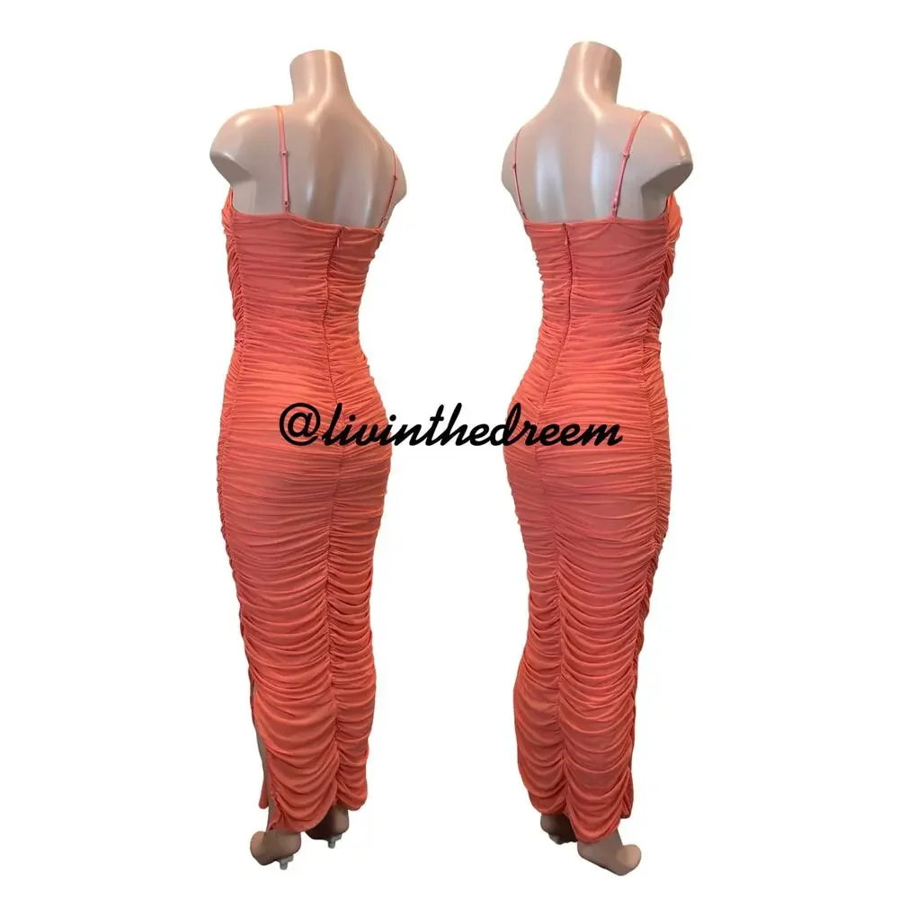 Venus Coral Ruched Bodycon Side Slit Maxi Dress SZ M